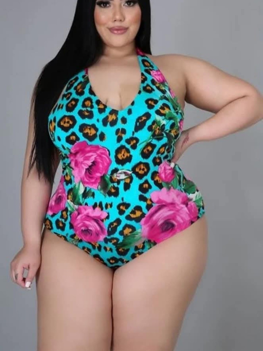 Turquoise Floral Leopard Print One-Piece Swimsuit & Cover Up- Plus Size